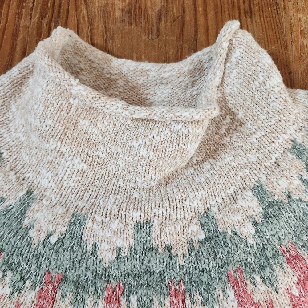 L.L. Bean Women's Cotton‎ Ragg Sweater Large Funnel Roll Neck Fair Isle Beige - Picture 5 of 11